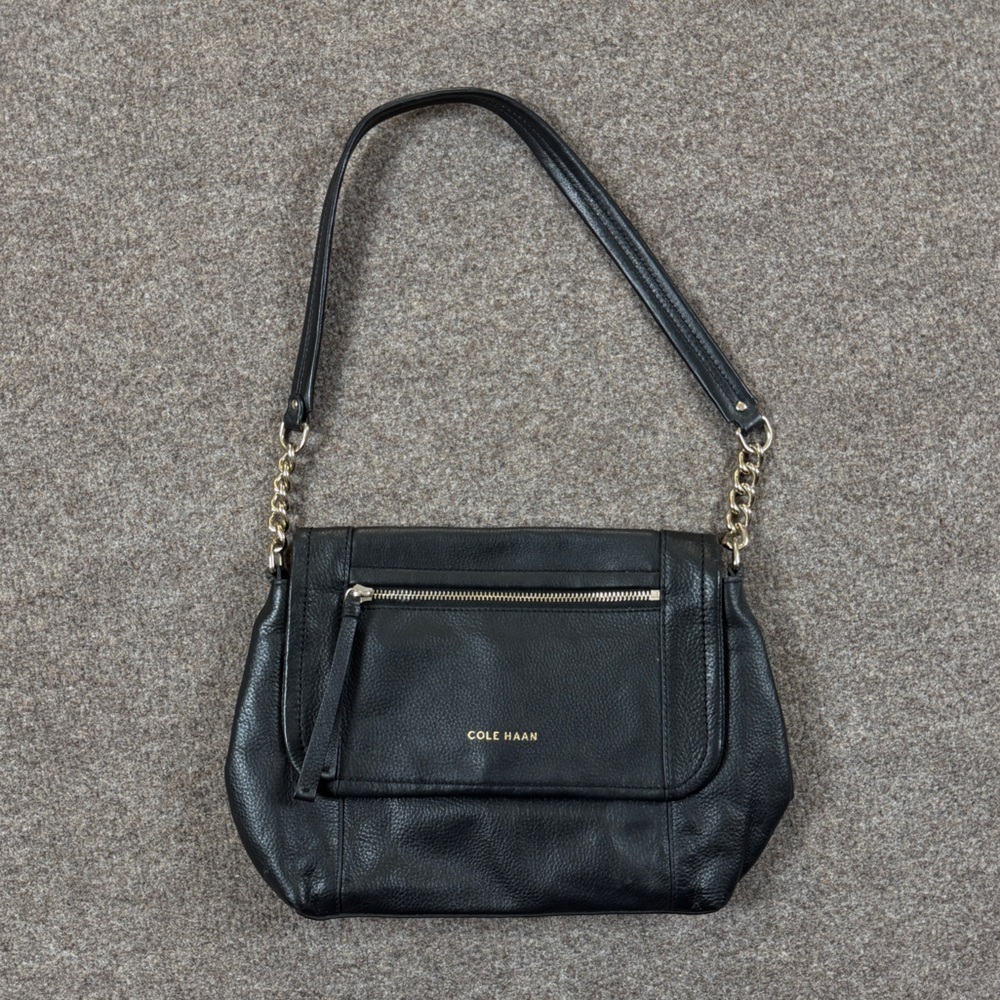 Cole Haan Black Genuine‎ Leather Shoulder Bag Gold Hardware Flap Closure NWOT